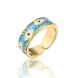 Colourful Enamelled Evil Eye Ring Gold Plated Adjustable Copper Ring Jewellery for Gift