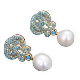 Jewelry Natural White Pearl Gold Plated Turquoise Blue Cz Drop Earring
