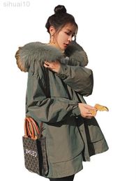 Fashion Parka Women New 2022 Winter Rabbit Fur Liner Plus Velvet Thick Warm Cotton Coat Hooded Big Fur Collar Outer Wear L220730