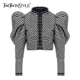 TWOTYLE Ruched Plaid Coat For Women O Neck Puff Sleeve Short Female Streetwear Autumn Fashion New Clothing 2020 LJ200824