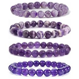 Healing Chakra Amethyst Beaded Strand Bracelets for Men Women 8MM Purple Crystal Stretch Energy Stress Relief Reiki Yoga Diffuse Jewellery