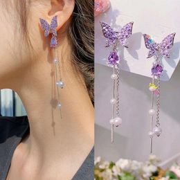 Dangle & Chandelier Elegant Fashion Tassel Purple Pearl Shiny Butterfly Rhinestone Earring Temperament Long Pendants Bow Earrings Charm Lady