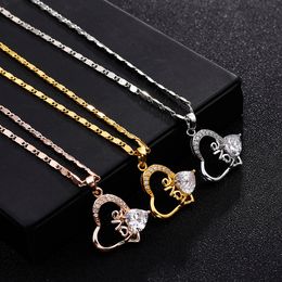 Womens Crystal Rhinestone Heart Pendant Necklace Silver Chain Hollow Double Love Collares Sttatement Necklace Jewellery Gift