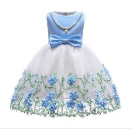 Girl Kids Gorgeous Embroidery Princess Dress Elegant Gown Sleeveless Bow Tutu Cute Flower Short Sleeve 2-10Y Casual Frock Babyl Costume 2022 New