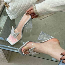 Moda Rhinestone Bowtie Buckle Slippers Women Women Summer PVC Sandálias de geléia transparente Crystal Perspex Heels Ladies Dress Shoes 220530