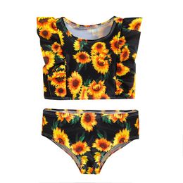 Clothing Sets Children Kids Girls Swimwear Summer Fashion Sunflower Print Round Neck Flounced Vest Panties Beach Wear ClothesClothing