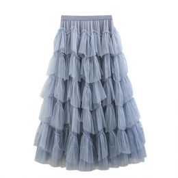 Skirts Pleated Cake Skirt Women Multilevel Ruffled Lace Paneled Tulle Midi Elastic High Waist Party Beach Retro Style StreetwearSkirts