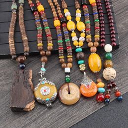 Pendant Necklaces Vintage Ethnic Style Lotus Ox Horn Wood Beaded Stone Pendants & Statement Nepal Necklace Women Men JewelryPendant