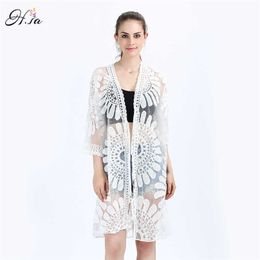 HSA Sunscreen Blouse Kimono Long Shirt White Lace Women Tops Lace Sun Protection Clothing Summer Poncho Cardigans 210716