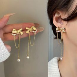 Clip-on & Screw Back Gold Colour Long Tassel Pearl Bow Clip On Earrings For Women No Piercing Ears Temperament Chain Bowknot FemaleClip-on