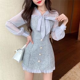 Spring Vintage Sexy See-through Chiffon Patchwork Tweed Mini Dress Women Ribbon Bow Single-breasted Long Sleeve Party Dress 220316