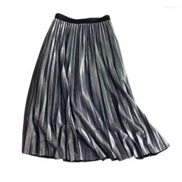 Skirts 2022 Women High Waist Metallic Glitter Long Night Club Street Vintage Pleated A-line Maxi Midi Party Swing Skirt