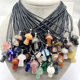 Mini Mushroom Natural Stone Carving Pendant Reiki Healing Crystals Rose Quartz Rope Chain Necklace For Women Jewellery Wholesale