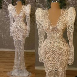 Lace Evening Sequined Dress Full Sleeve Sparkly Mermaid Dubai Women Floor Length Wear Custom Made Party Prom Formal Gowns