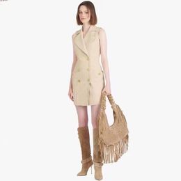 B-099 Top Quality Original Design Women's Working Dress Metal Buckles Double-breasted Slim Shawl collar OL Style Back Zipper Khaki Career Costume