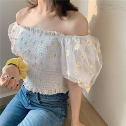 Women's Blouses & Shirts Women Daisy Embroidery Blouse Mesh Puff Sleeve Off Shoulder Crop Top Summer Girls Elegant Clothes ShirtsWomen's