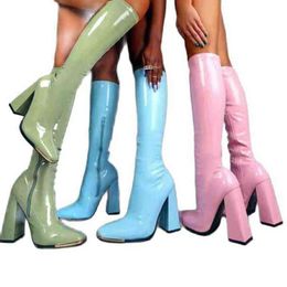 Boots Women Knee Length High Shiny Lacquer Leather -top Pink Sexy Solid Color Heels Blue 220709