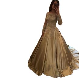 Elegant Prom Dresses dark Golden Satin Lace Long Sleeves Formal Evening Party Gowns Custom Made vestido de festa