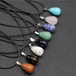 waterdrop Stone Crystal Quartz Opal Pendant & Necklace Leather Chains For Men Women Fashion Jewellery