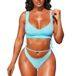 Women's Swimwear Bathing Suit Shorts Women Backless Solid Swimsuit Women's Colour Bikini Sexy Tethered Split Swimming SportWomen's