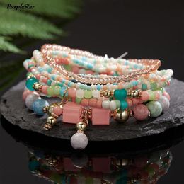 Charm Bracelets Women Fashion Boho Beaded & Banglets Set Simple Bead Multilayer Bracelet Female Bohemian JewelryCharm