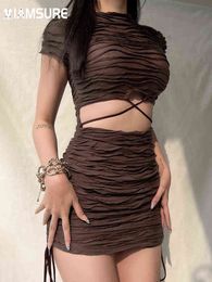IAMSURE Sexy Hollow Out Bodycon Dress Holiday Slim Solid Folds Ruffles Drawstring Mini Dresses For Women 2022 Summer Fashion Y220401