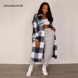 Women's Wool Blends ANJAMANOR Elegant Fashion Chequered Coat Women Autumn Winter Clothing Single Breasted Long Flannel Plaid Jacket D74-DG57 220826