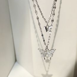 Sparkly Crystal Butterfly Clavicle Chain Necklace Women Double Layer Pendant Necklace for Gift Party Fashion Jewellery