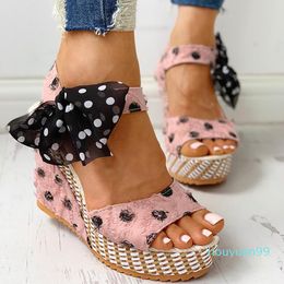 Dress Shoes Fashion Sandals Women's Platform Wedges Heel Fashion Cotton Fabric Dot Lace-up Footwear 2021 Summer