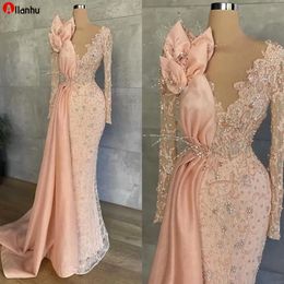 sparkly evening gowns Australia - 2022 Peach Pink Long Sleeve Prom Formal Dresses Sparkly Lace Beaded Illusion Mermaid Aso Ebi African Evening Gown WJY591239z