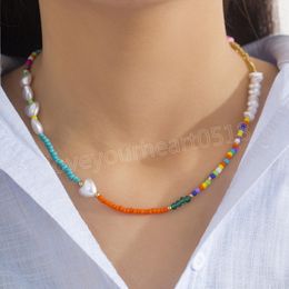 Boho Colourful Beads Irregular Imitation Pearl Choker Necklace for Women Summer Heart Peal Clavicle Chain Necklace