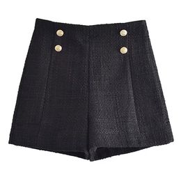 TRAF Women Fashion Front Metal Buttons Tweed Shorts Vintage High Waist Side Zipper Female Short Pants Mujer 220630
