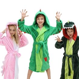 Girls Boys' Plush Hooded Bathrobe - Dinosaur Fleece Robe LJ201216