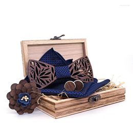Bow Ties Sitonjwly Fashion Hollow Carved Butterfly Bowtie Handkerchief Cufflinks Brooch Set Wooden Wedding Corbatas Corsage SetBow Emel22