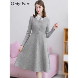 Only Plus Winter Woollen Vintage Grey Dress ALine Elegant Slim Lace Up Button Dresses Warm Office Lady Knee Female Vestidos 210303