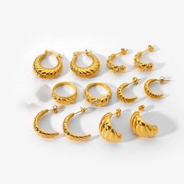 Hoop & Huggie Trendy Crossiant Rings Zirconic Twist Earrings 18K Gold Plated Circle Stainless Steel Jewelry Sets WomenHoop HuggieHoop