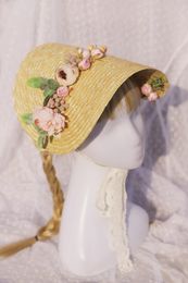 Headpieces Lolita Straw Hat Flowers Retro Sun Handmade Tea Party Pastoral Bonnet French Lace Flat For Girl Daily Life AccessoriesHeadpieces