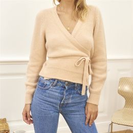 Women V-Neck Knitted Cardigan Long Sleeve Slim Waist Lace-Up Sweat Top Female Knitwear Outwear 201203