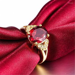 Wedding Rings 24K Gold For Women Oval Red Imitated Gemstone Ring Rhinestone Engagement Anniversary Jewellery Gift Edwi22