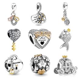 925 Sterling Silver Dangle Charm Two-Tone Family Tree Heart and Lock Charms Pendant Bead Fit Pandora Charms Bracelet DIY Jewellery Accessories