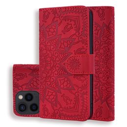 Wallet Phone Cases for iPhone 13 12 11 Pro Max XR XS X 7 8 Plus, Sunflower Totem Embossing Calfskin Texture PU Leather Flip Kickstand Cover Case with Card Slots