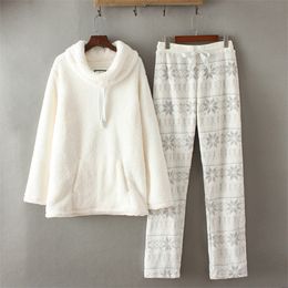 Winter women fashion loose soft coral fleece thickening casual pajama set female trendy color thermal lounge sleepwear 220329