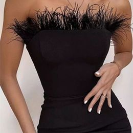 Summer Sexy Strapless Backless Feather Black Midi Women Bodycon Bandage Dress Designer Fashion Party Club Vestido 220402