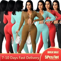 Women's Two Piece Pants 5PCS Wholesale Items In Bulk Casual Fall Sets Women Bandage Hollow Out Solid Sportsuit Matching Set Ribbed Clothes