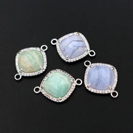 Pendant Necklaces 10pcs Square Natural Blue Chalcedony Amazonite Stone Charms Connector CZ Paved For Bracelet Earrings Jewelry Making DIYPen