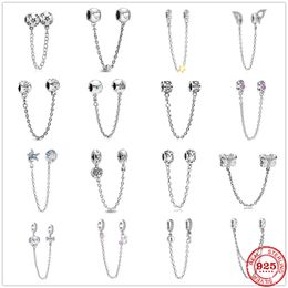 925 Silver Fit Pandora Charm 925 Bracelet Sparkle Butterfly Safety Chain charms set Pendant DIY Fine Beads Jewelry