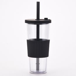 Wholesale! 24oz double wall plastic transparent skinny tumbler with Colourful straw water cup coffee cup gift Sea Freight MIN