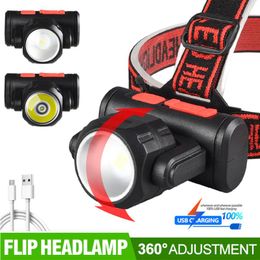 Headlamps Multifunctional 2 In 1 Spotlight+Floodlight LED Headlamp USB Rechargeable Headlight Double Head 360° Rotatable Lamp
