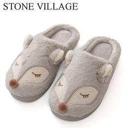 STONE VILLAGE High Quality Cute Cartoon Animal Women Slippers Shoes Winter Warm Plush Home Slippers Cotton Slippers 3 Colors 201023