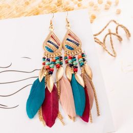 Dangle & Chandelier Bohemian Gold Colour Tassel Feather Earrings For Women Retro Creative Beaded Long Water Party Anniversary Gift Jewellery